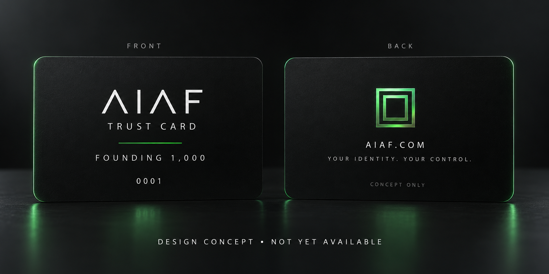 Front and back of the proposed matte-black AIAF Trust Card, with green accents and example founding number 0001